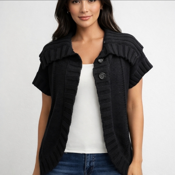 Kenneth Cole Sweaters - Kenneth Cole Reaction Black Ribbed Knit Short Sleeve Cardigan Sweater Size S Y2K